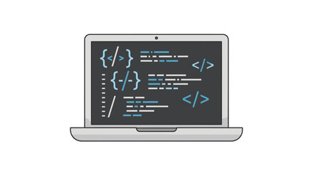 Flat vector illustration of a silver laptop computer with programming code on the screen.
