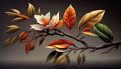 Leafy tree branch in vibrant autumn colors 