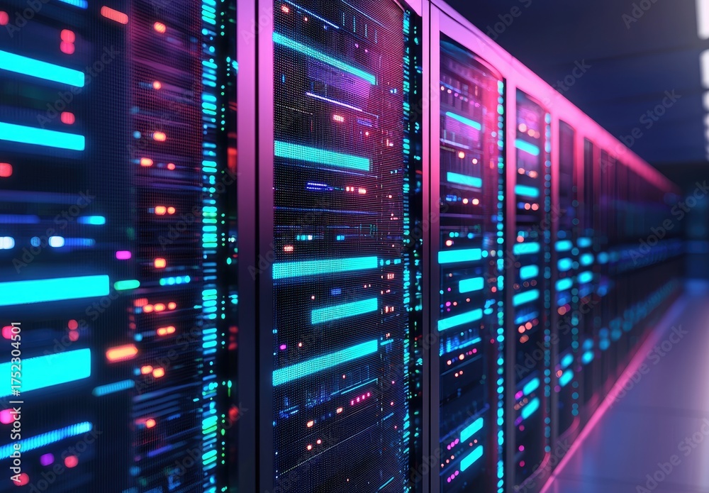 Neon-lit IT data center with vibrant pink and blue lights across ...