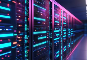 Wall Mural - Neon-lit IT data center with vibrant pink and blue lights across futuristic server racks, ideal for AI computing, cloud network infrastructure, and tech presentation visuals