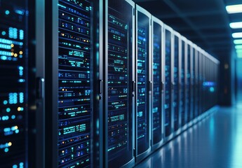 Wall Mural - High-tech IT data center with blue LED server racks in futuristic corridor, ideal for AI computing, cloud technology, and modern digital infrastructure visuals