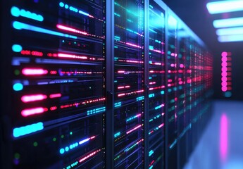 Wall Mural - Futuristic IT data center with neon pink and blue lights illuminating modern server racks, ideal for AI computing, cloud infrastructure, and high-tech presentation visuals