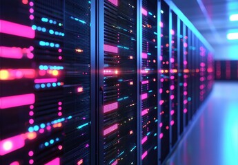 Wall Mural - Futuristic IT data center with glowing pink and blue lights reflecting across network servers, perfect for AI computing, cloud technology, and modern infrastructure visuals