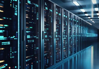 Wall Mural - Blue illuminated IT server racks in a futuristic data center corridor, ideal for AI computing, cloud technology, cybersecurity visuals, and modern infrastructure presentations