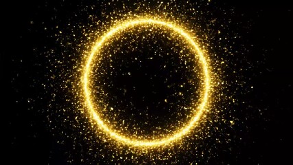 Wall Mural - Gold Glitter Circle Sparkles Background - A vibrant gold glitter circle with light sparkles shines against a dark black background.