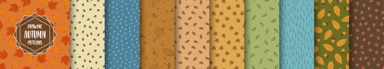 Wall Mural - Collection of colorful seamless autumn drawing patterns. Cartoon nature repeatable hand drawn backgrounds. Foliage prints with falling leaves and drops