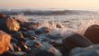 © Sergey - gentle waves hitting rocky shore at sunrise, warm soft lighting, cinematic depth, peaceful and emotional classical music ambiance