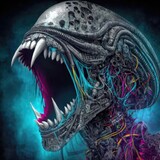 Una criatura alienígena con una expresión feroz y detalles biomecánicos intrincados.