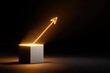 © lemonmoon - Glowing arrow points upward from white cube in dark room, symbolizing growth, progress, and innovation with futuristic and optimistic atmosphere