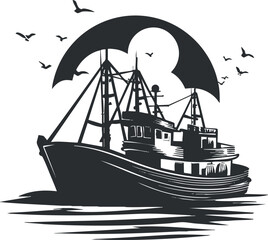 Wall Mural - Silhouette of a fishing boat at sea with birds and sun, depicting a tranquil seascape.