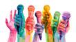 © javier - ia generated. Many hands holding colorful microphones for a press conference or interview. Isolated on transparent background, png