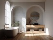 © Bouchra - A bathroom with a large mirror and a sink