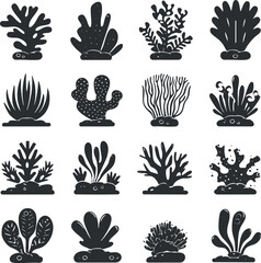 Wall Mural - Collection of black and white seaweed and coral illustrations in various shapes and styles.