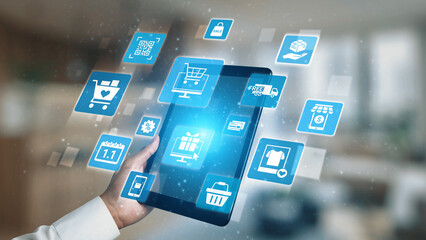 Wall Mural - Omni-channel marketing and online shopping strategies, cross-platform customer experience, brand unification, and integrated marketing communication across digital channels. Gist