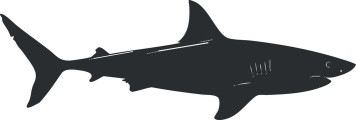 Wall Mural - Black and white silhouette of a shark, emphasizing its fins and streamlined body.