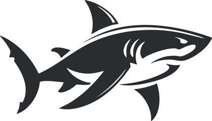 Wall Mural - Black and white illustration of a fierce shark in a dynamic swimming pose.