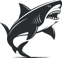 Wall Mural - Black and white vector illustration of a cartoon shark with sharp teeth and fins.