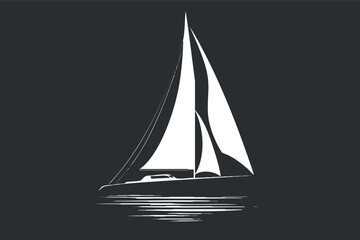 Wall Mural - Minimalist black and white silhouette illustration of a sailboat on calm water.