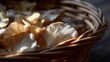 © Vitalii - Close-up of a woven basket filled with oyster mushrooms. the basket is made of light-colored wood and has a woven texture.