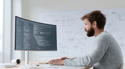 Focused developer coding on a large curved screen, showcasing innovation and technology. Ideal for illustrating software development, IT solutions, or modern workspaces.