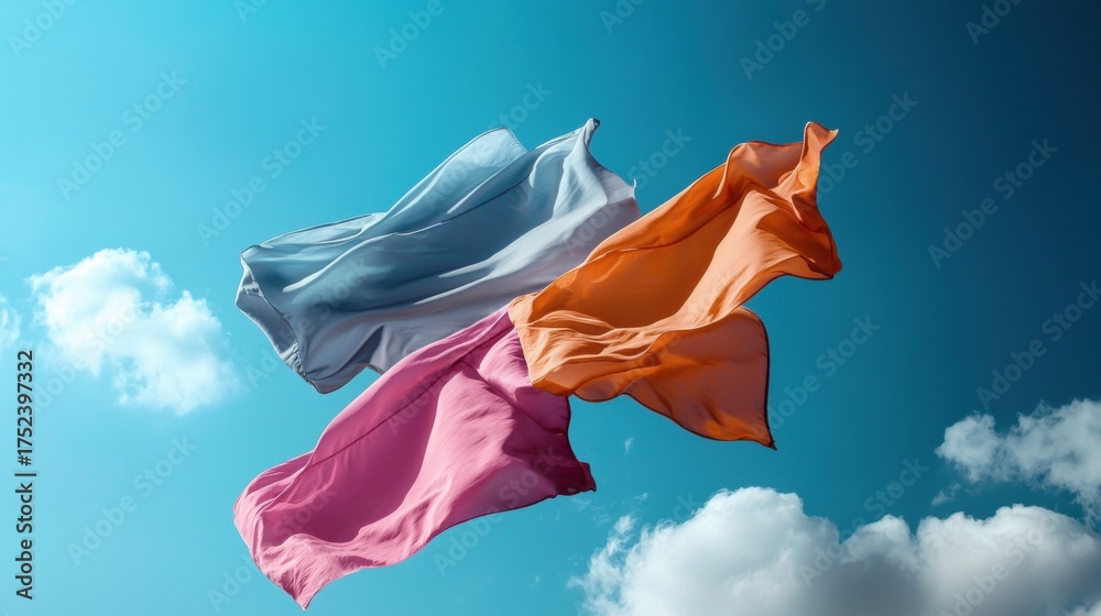 Three colorful flags flying in the sky. the flags are in different ...