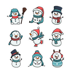 Wall Mural - set of cartoon christmas snowmans in doodle style. Funny snowman wearing hat, scarf on white background. Xmas card. Vector illustration
