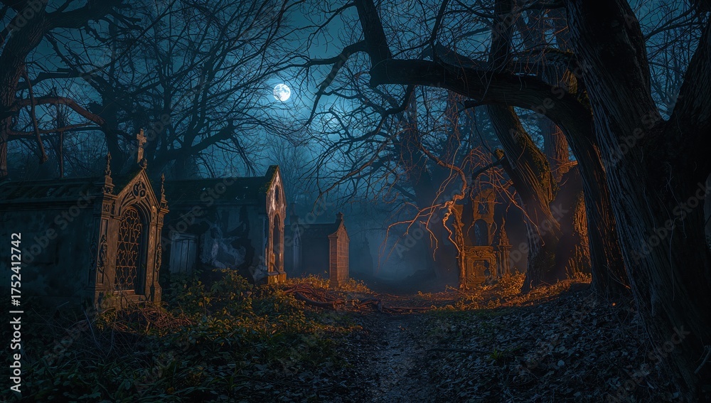Eerie moonlit cemetery with ancient crypts and gnarled trees shrouded ...