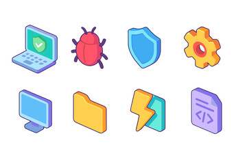 Wall Mural - Cybersecurity, technology flat icon set. shield, bug, gear, and monitor flat icons.