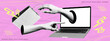 © Teodora ART - Retro halftone pop art collage of online shopping concept with hands, laptop, and shopping bag on pink textured background, e-commerce creative design.