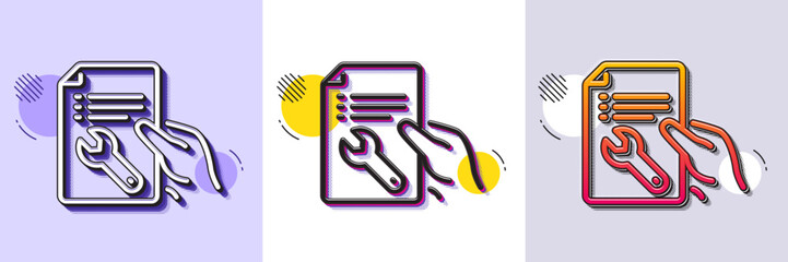 Wall Mural - Spanner tool line icon. Halftone dotted pattern. Gradient icon with grain shadow. Repair service document sign. Fix instruments symbol. Line repair document icon. Various designs. Vector