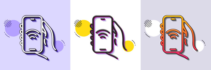 Wall Mural - Internet app line icon. Halftone dotted pattern. Gradient icon with grain shadow. Hand hold phone sign. Cellphone with screen notification symbol. Line internet app icon. Various designs. Vector