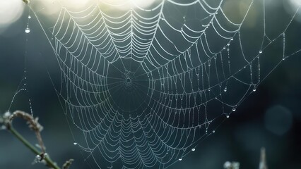 Delicate spiderweb, covered in morning dew, intricate design