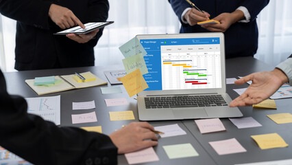 Wall Mural - Project planning software for brisk business project management on the computer screen showing timeline chart of the team project