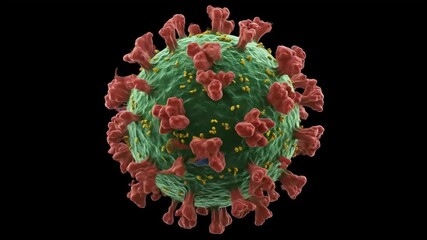 Detailed 3D render of a virus cell showing surface spike proteins and internal genetic material, isolated on a black background for medical and scientific use.