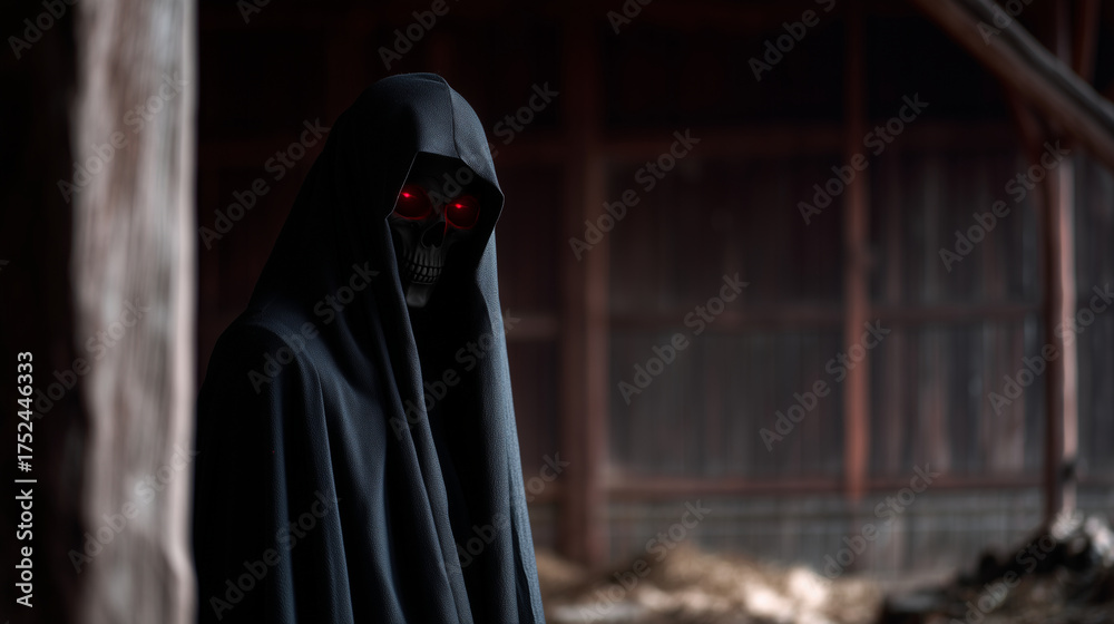 Cinematic horror depiction of a skeletal figure in a black hooded cloak ...