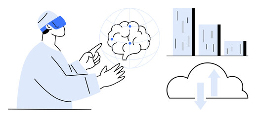 Person using virtual reality to interact with digital brain, cloud uploaddownload, and data graphs. Ideal for AI, VR, technology, analytics, cloud computing, innovation simple flat metaphor