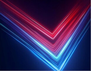 Wall Mural - Image shows a vivid, futuristic V-shaped pattern. Red and blue glowing lines converge, creating a sense of motion and depth against a dark background. The lights appear to flow.