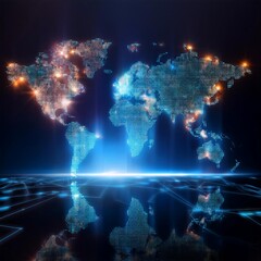 Wall Mural - The image shows a glowing, digital world map rendered in a futuristic style, hinting at technological interconnectedness. It highlights certain areas with bright lights, indicating hubs of activity.