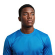 © velikiyzayats - Thoughtful young African American man in a blue athletic shirt looking up with a hopeful expression against a black background