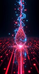 Wall Mural - A vibrant red digital drop descends through swirling blue light, reflecting on a glowing particle grid. Abstract and futuristic technology.