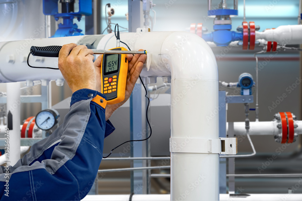 Worker measuring temperature on industrial pipeline with digital device ...