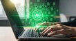 © Meow Creations - Professional hands typing on laptop keyboard with AI icon and digital data documents