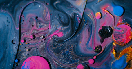 Wall Mural - Mix bubbles. Ink art. Blur blue purple orange colorful flow glitter liquid round sparkling oil texture on abstract acrylic background.