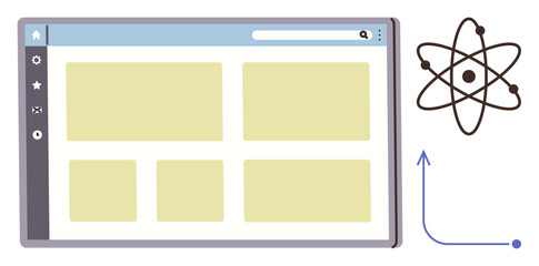 Browser window showing responsive design layout alongside atomic structure and upward arrow. Ideal for science, innovation, technology, growth, digital evolution, research, education. A simple flat