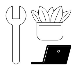 Wall Mural - Minimalistic wrench, potted plant, and laptop design combining repair, eco-consciousness, and technology. Ideal for work, productivity, sustainability, green practices tools technology and simple