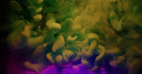 Wall Mural - Neon underwater vapor. Paint water flow. Blur blue purple pink color liquid splash cloud glitter texture rainbow particles spill on abstract dark black art background.