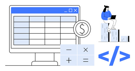 Computer screen displaying spreadsheet, calculator with arithmetic symbols, developer coding symbol, and a person analyzing data. Ideal for finance, programming, analytics, business strategy