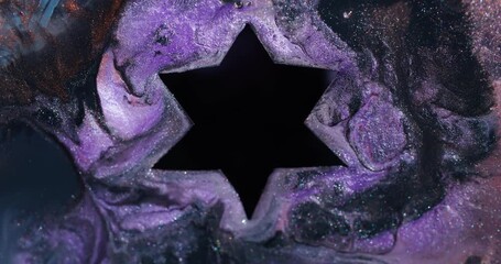 Wall Mural - Paint drip. Acrylic star. Blur purple blue orange color water geometric fluid glitter bubble dark black particle on abstract bokeh background.