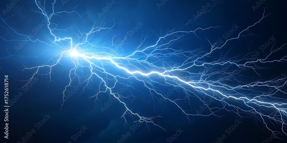 Intense blue lightning strike illuminates the dark sky with powerful ...