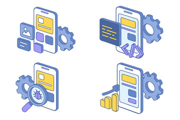 Mobile app development lifecycle isometric icon set. Vector concepts for UI UX design, software programming, coding, bug fixing, QA testing, and application analytics.